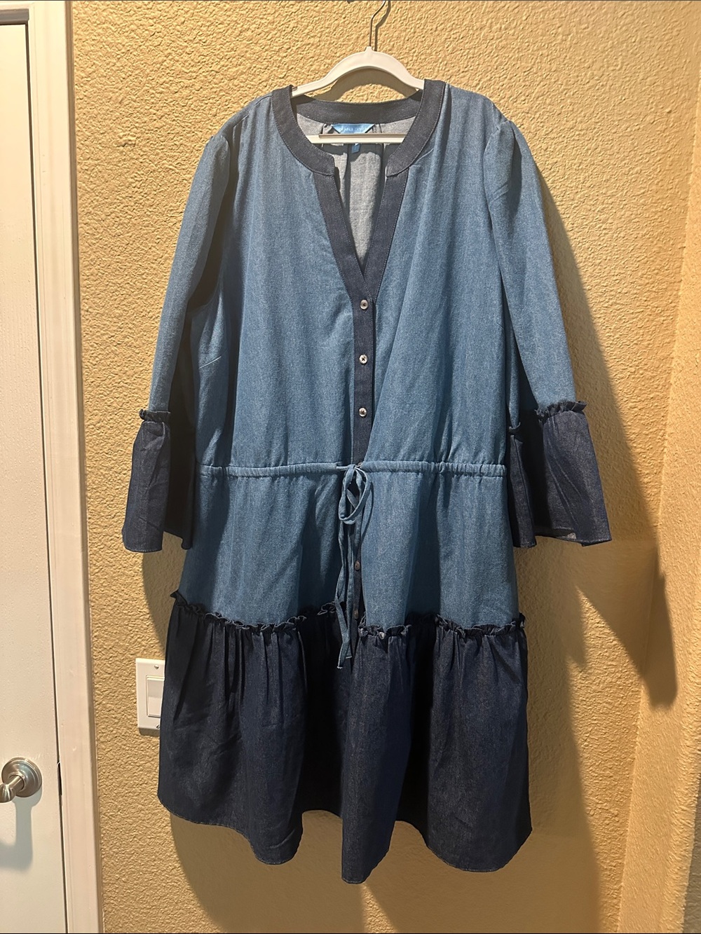 Denim Tiered Button-Front Dress Coat in Light & Dark Blue